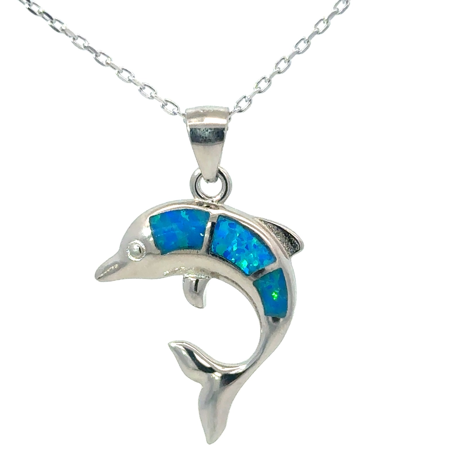 Sterling Silver rhodium plated created blue opal dolphin pendant on 1.2mm diamond cut cable chain 18"