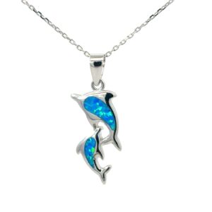 Sterling Silver Rhodium Plated Created Blue Opal Double Dolphin Pendant On 1.2mm diamond cut 18" Link Chain