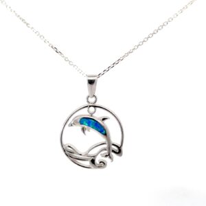 Sterling Silver Created Blue Opal Inlay Dolphin with Open Wave Circle Pendant On Diamond Cut Cable Chain 18"