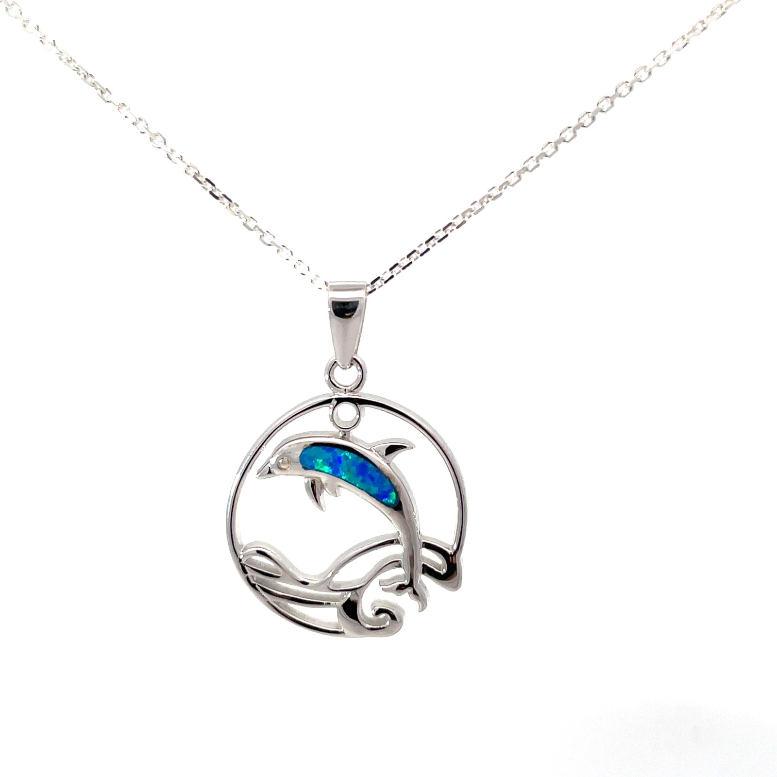 SSP OBD .jpg Sterling Silver Created Blue Opal Inlay Dolphin with Open Wave Circle Pendant On Diamond Cut Cable Chain 18"
