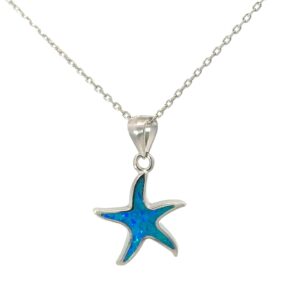 Sterling Silver rhodium plated created blue opal starfish pendant on 1.2mm diamond cut cable chain 18"
