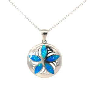 Streling Silver created blue inlay opal sanddollar pendant on diamond cut link chain 18"