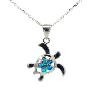 Sterling Silver Rhodium plated created blue opal turtle and flower pendant on 1.2mm diamond cut cable chain 18"
