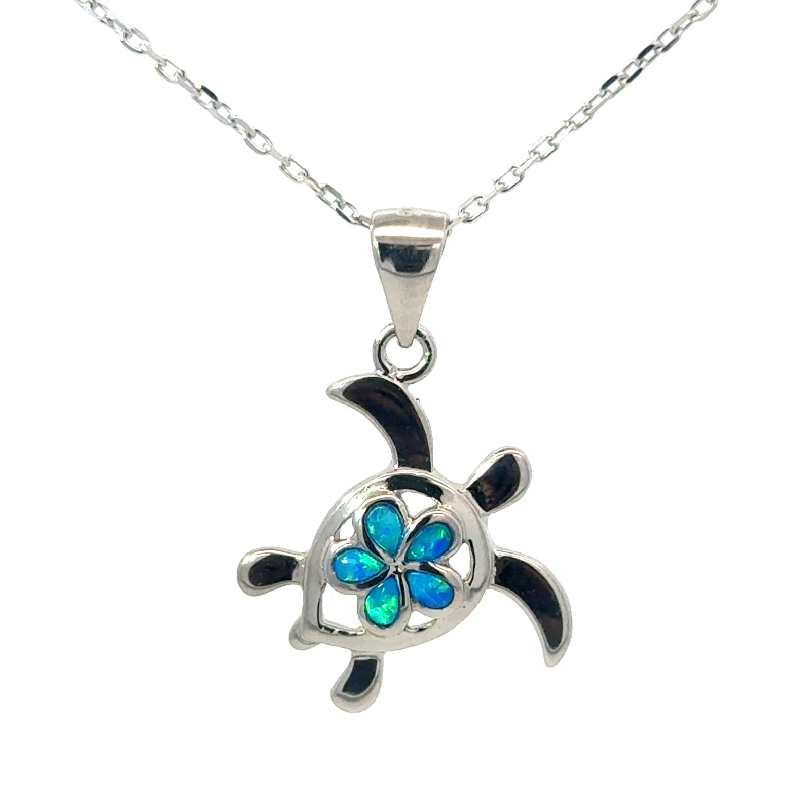 Sterling Silver Rhodium plated created blue opal turtle and flower pendant on 1.2mm diamond cut cable chain 18"