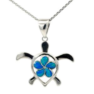 Sterling Silver Rhodium plated Created blue opal flower and turtle pendant on 1.4mm diamond cut cable chain 18"