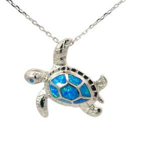 Sterling Silver Rhodium Plated Created Blue Opal Turtle Necklace On 1.2mm Diamond Cut Cable Chain 18"