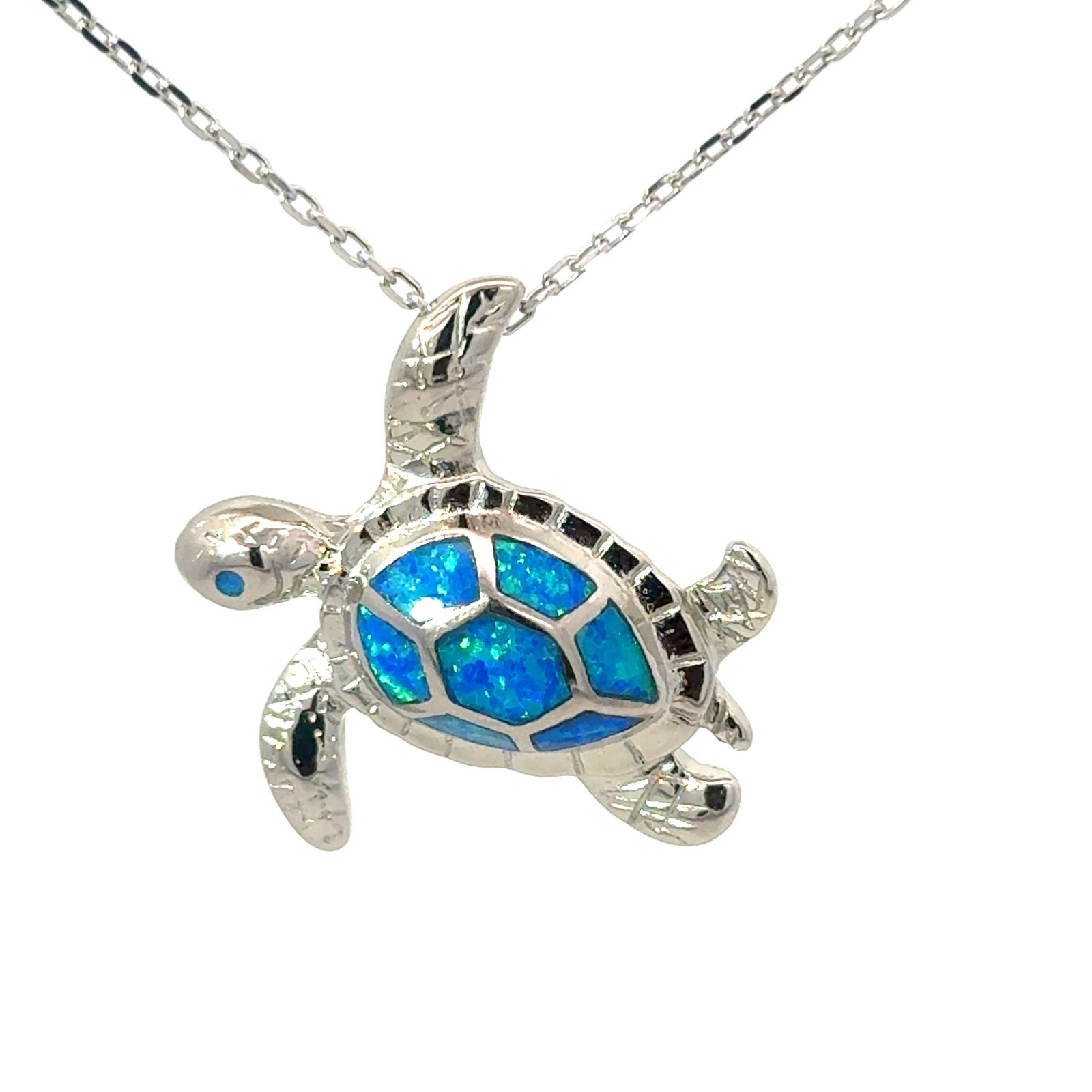Sterling Silver Rhodium Plated Created Blue Opal Turtle Necklace On 1.2mm Diamond Cut Cable Chain 18"