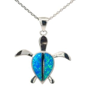 Sterling Silver Rhodium Plated Created Blue Opal Turtle Pendant On 1.4mm diamond cut cable chain 18"
