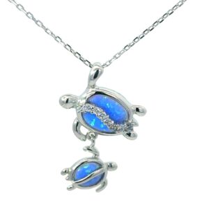 Sterling Silver Rhodium Plated Created Blue Opal And CZ Mother And Baby Turtle Pendant on 1.2mm Diamond Cut Cable Chain 18"