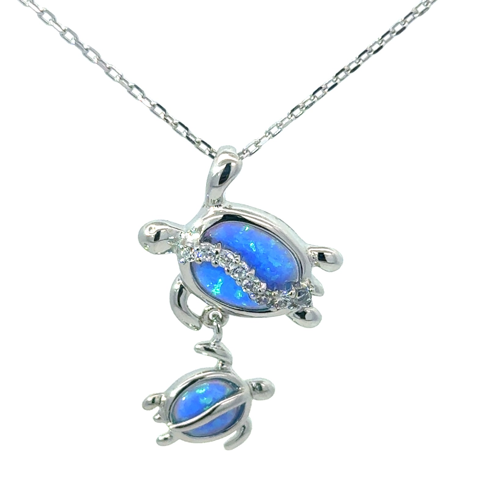 Sterling Silver Rhodium Plated Created Blue Opal And CZ Mother And Baby Turtle Pendant on 1.2mm Diamond Cut Cable Chain 18"