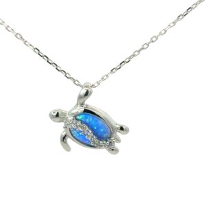 Sterling Silver Rhodium Plated Created Blue Inlay Opal Turtle and CZ Pendant On Diamond Cut 1.2mm Link Chain 18"