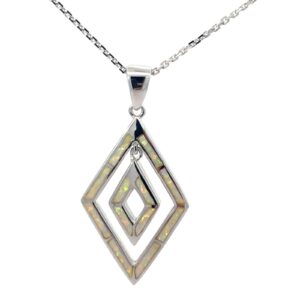 Sterling Silver created white opal inlay moveable marquise shape pendant on diamond cut cable chain 18"