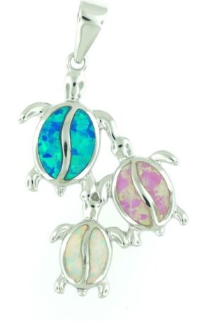 sterling silver created blue white and pink opal mama and baby turtle pendant on 1.5mm 18" link chain