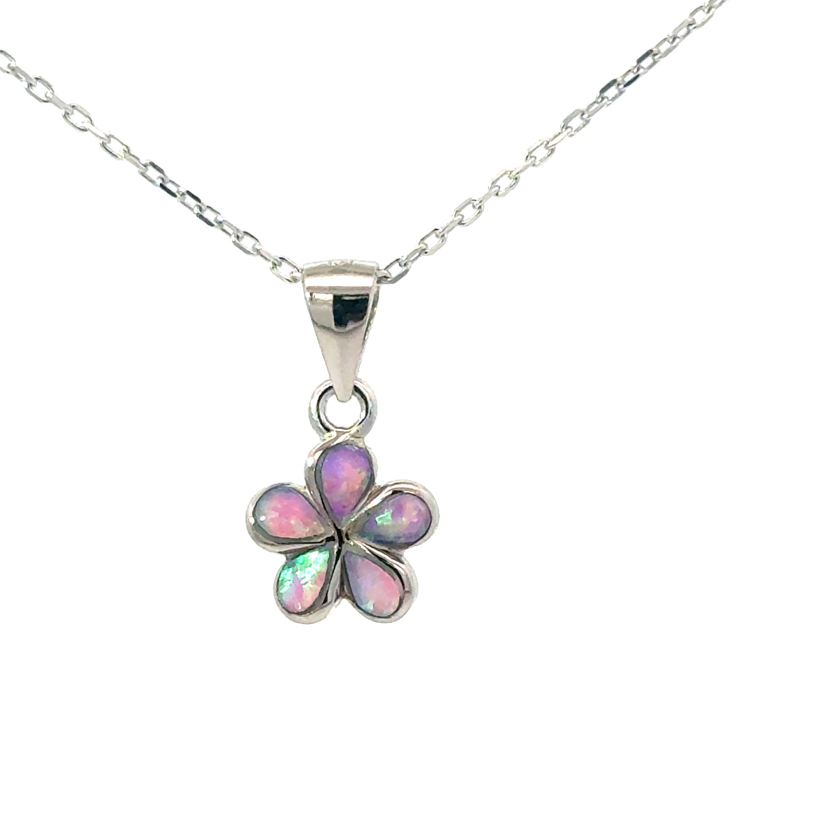 SSP OP .jpg Sterling Silver rhodium plated created pink opal plumeria petite flower pendant on 1.2mm diamond cut cable chain 18"