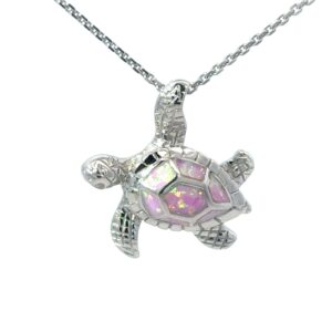 Sterling Silver Rhodium Plated Created Pink Opal Sea Turtle Pendant On 1.2mm Diamond Cut Cable Chain 18"