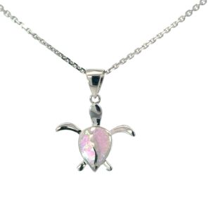 Sterling Silver created pink inlay opal turtle pendant on diamond cut link chain 18"