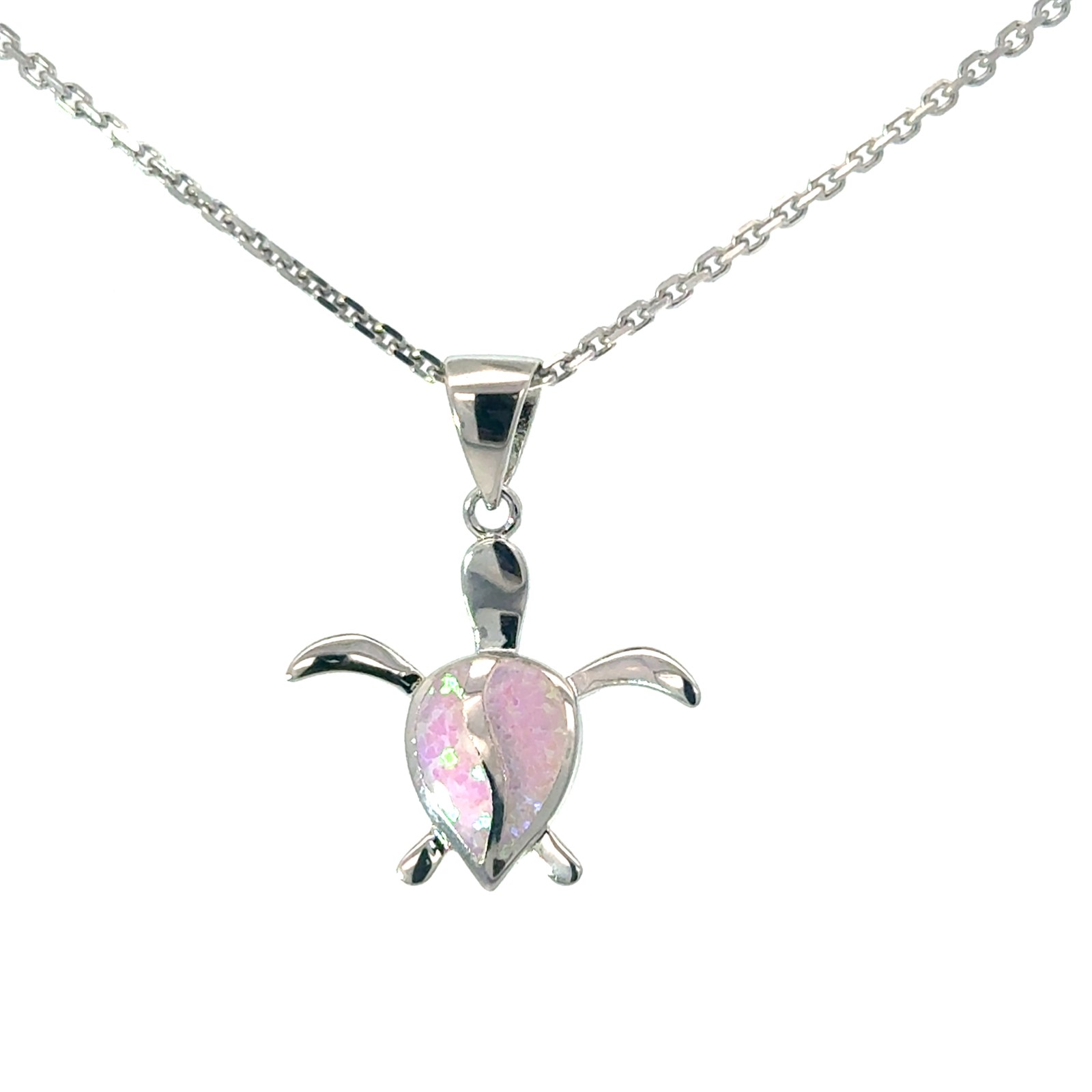 Sterling Silver created pink inlay opal turtle pendant on diamond cut link chain 18"