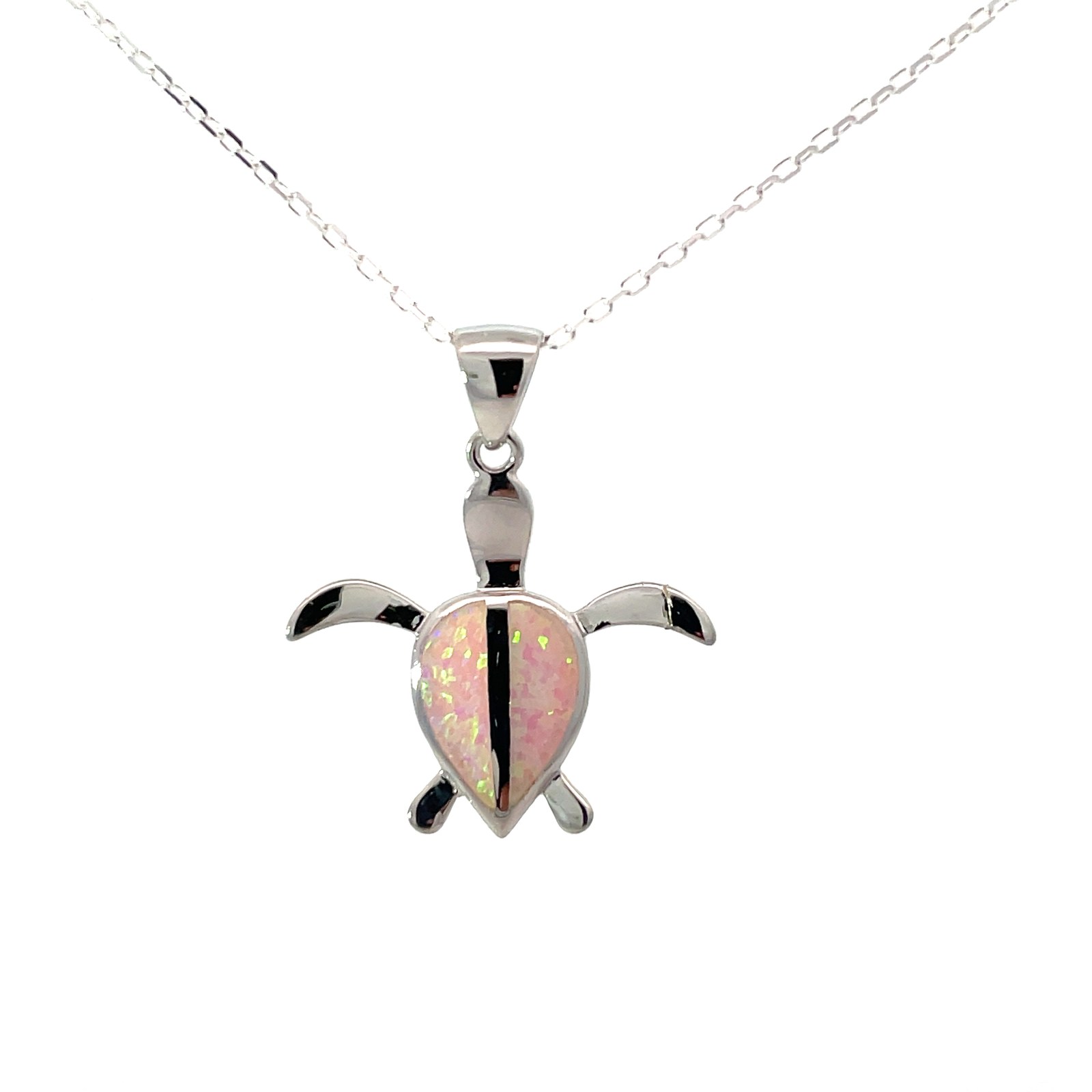 Sterling Silver rhodium plated created pink opal inlay turtle pendant on diamond cut cable chain 18"