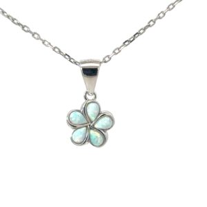 Sterling Silver rhodium plated created white opal plumeria petite flower pendant on 1.2mm diamond cut cable chain 18"