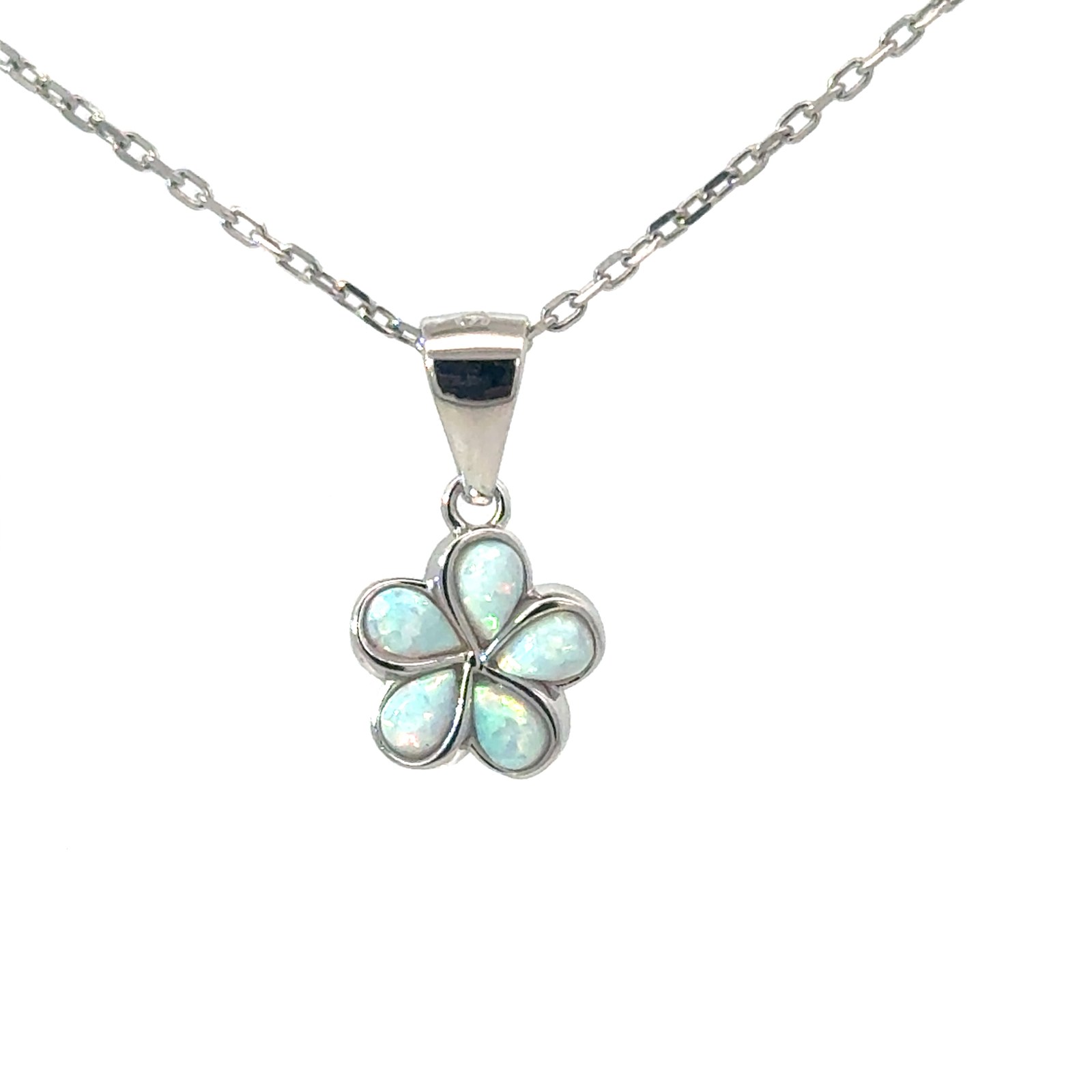 SSP OW .jpg Sterling Silver rhodium plated created white opal plumeria petite flower pendant on 1.2mm diamond cut cable chain 18"