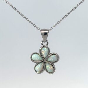 Sterling Silver rhodium plated created white opal plumeria flower pendant on 1.2mm diamond cut cable chain 18"