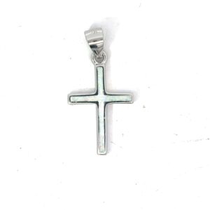 Sterling Silver rhodium plated white created white opal cross charm