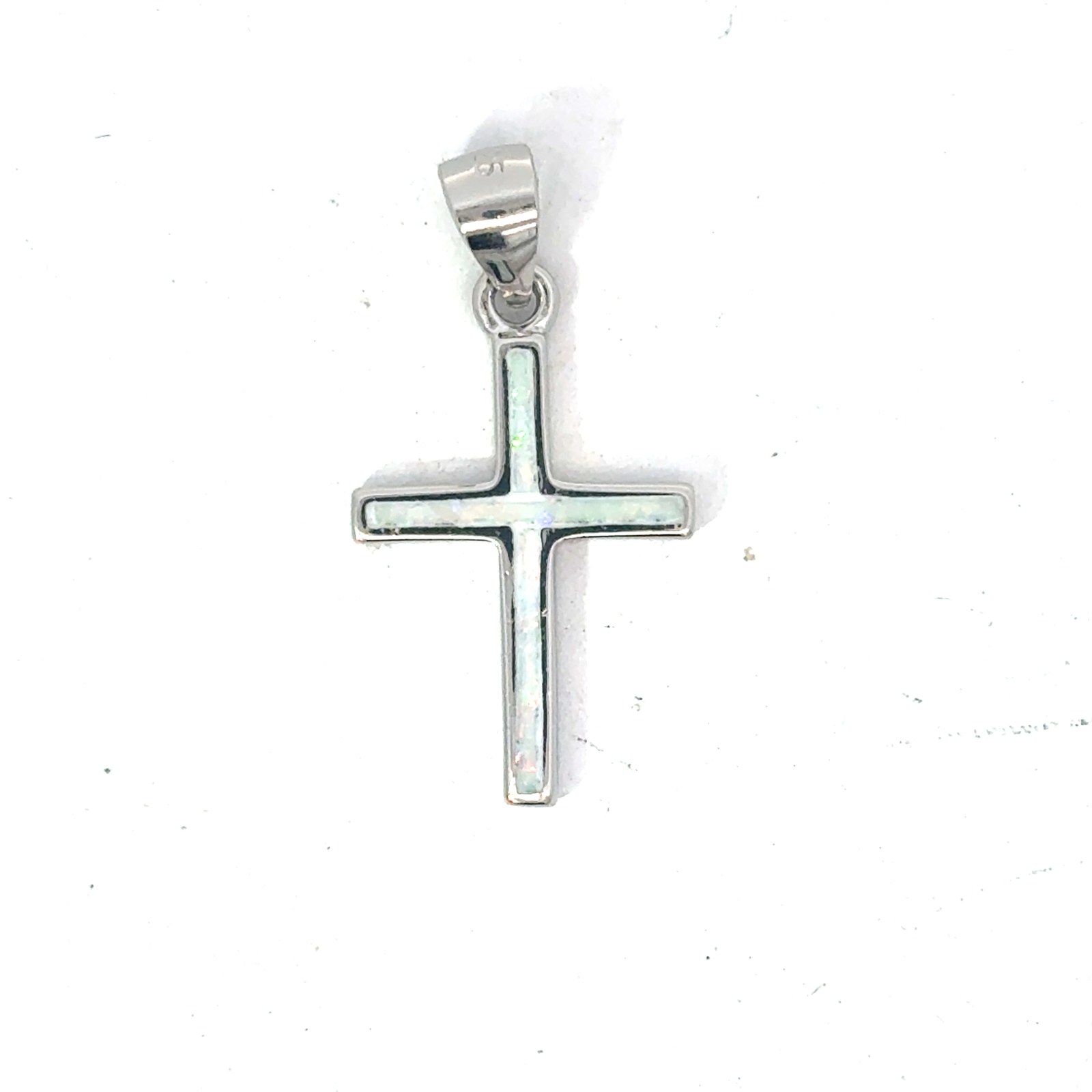 SSP OWC X .jpg Sterling Silver rhodium plated white created white opal cross charm