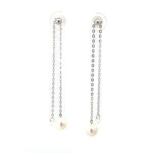 Sterling Silver dangle chain pearl and cubic zirconia moveable earring