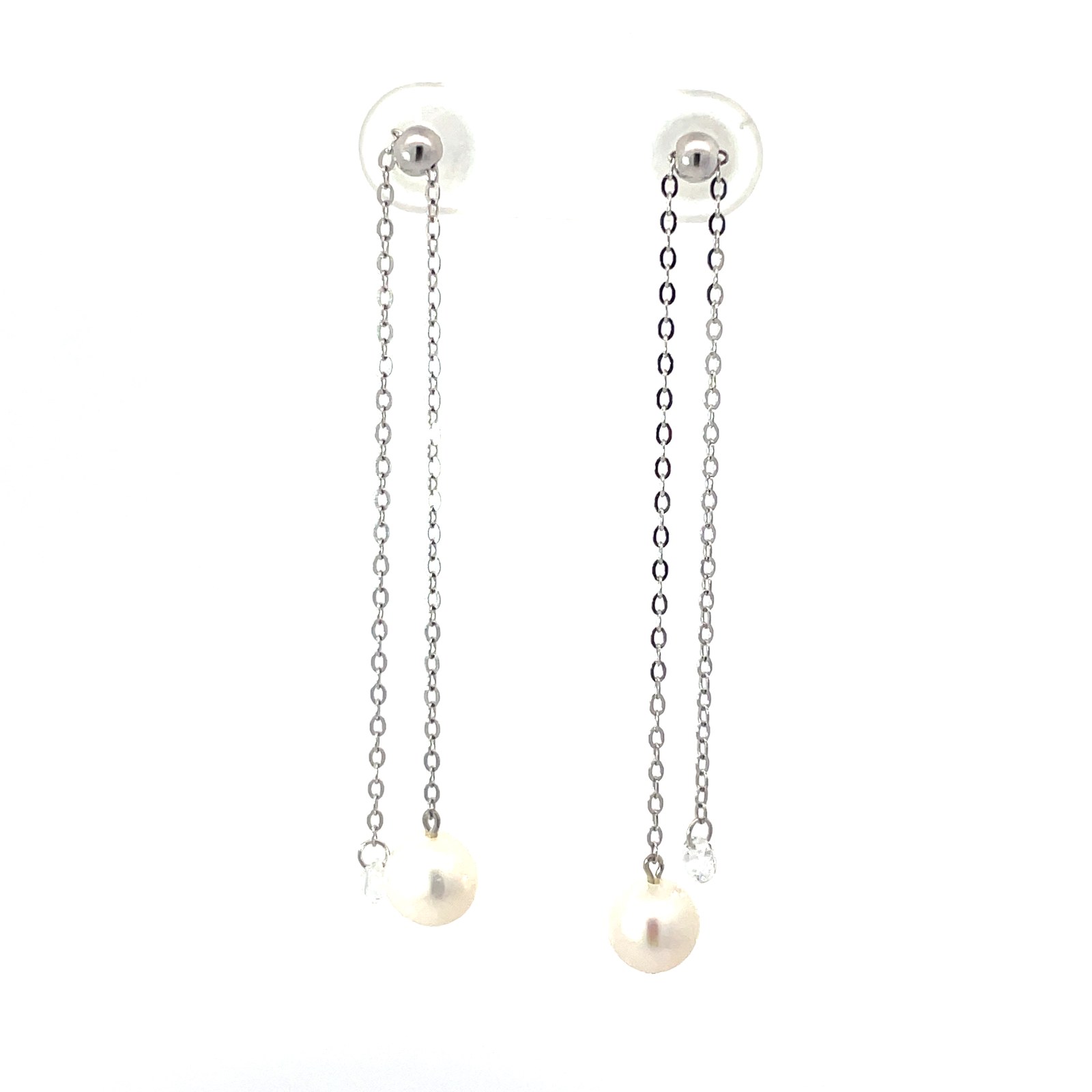 SSPE AJ CZ .jpg Sterling Silver dangle chain pearl and cubic zirconia moveable earring