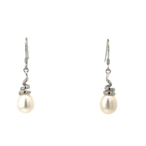 Sterling Silver rhodium plated spriral dangle freshwater peal earrings