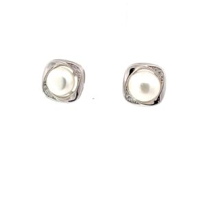 Sterling Silver freshwater pearl and cubic zirconia set in a cushion shape shiny stud earring