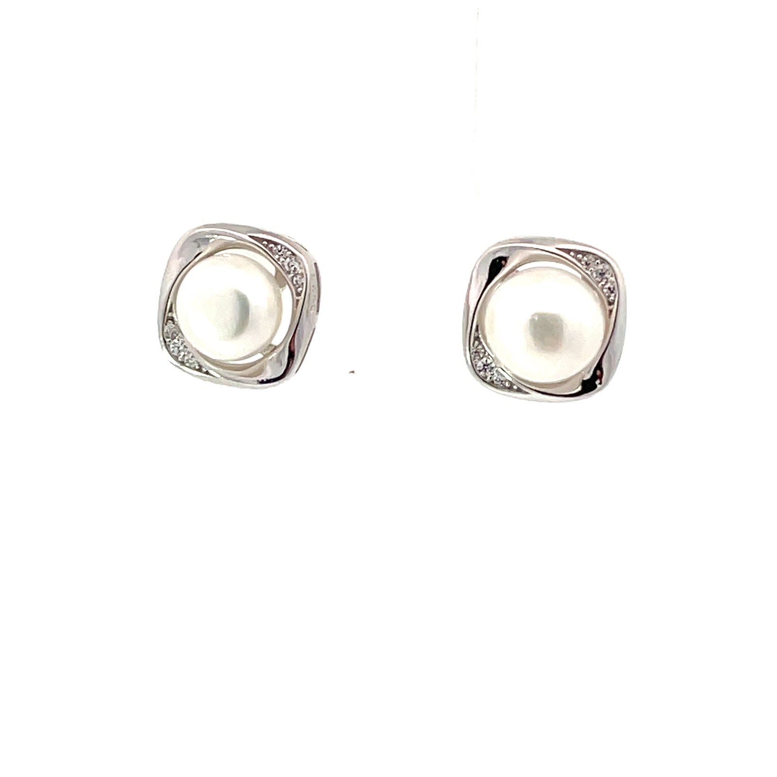 SSPE SQZ .jpg Sterling Silver freshwater pearl and cubic zirconia set in a cushion shape shiny stud earring