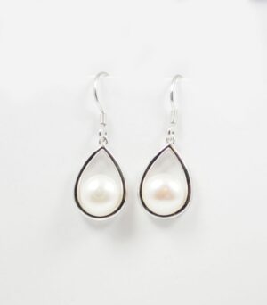 Sterling Silver rhodium plated freshwater white pearl pear shape dangle earrings on fish hooks