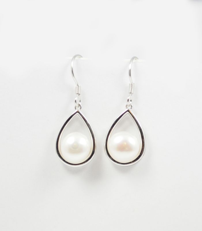 Sterling Silver rhodium plated freshwater white pearl pear shape dangle earrings on fish hooks