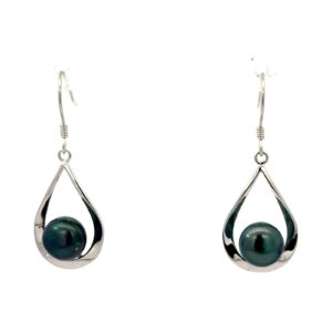 Sterling Silver rhodium plated freshwater black pearl dangle earring on fish hooks