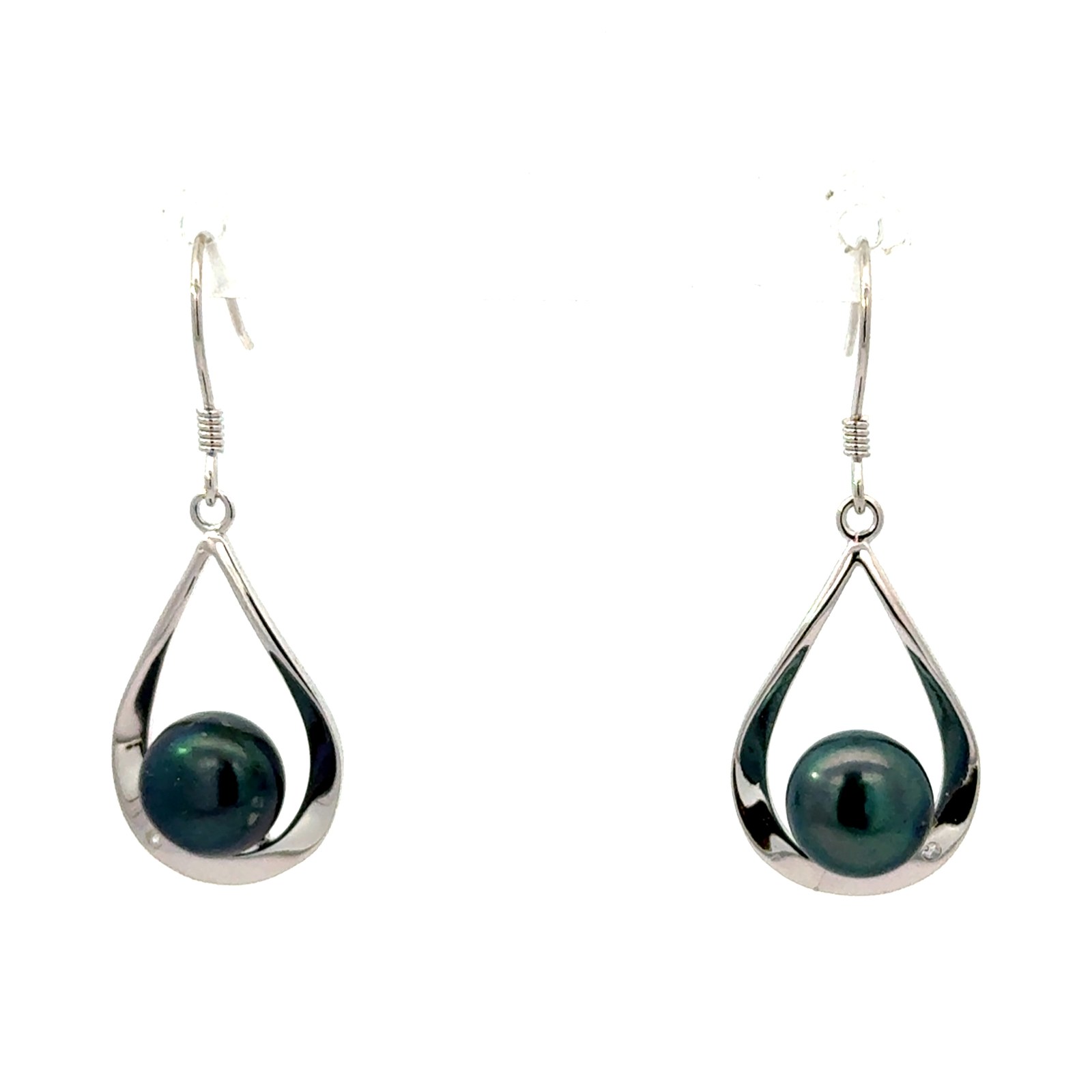 Sterling Silver rhodium plated freshwater black pearl dangle earring on fish hooks
