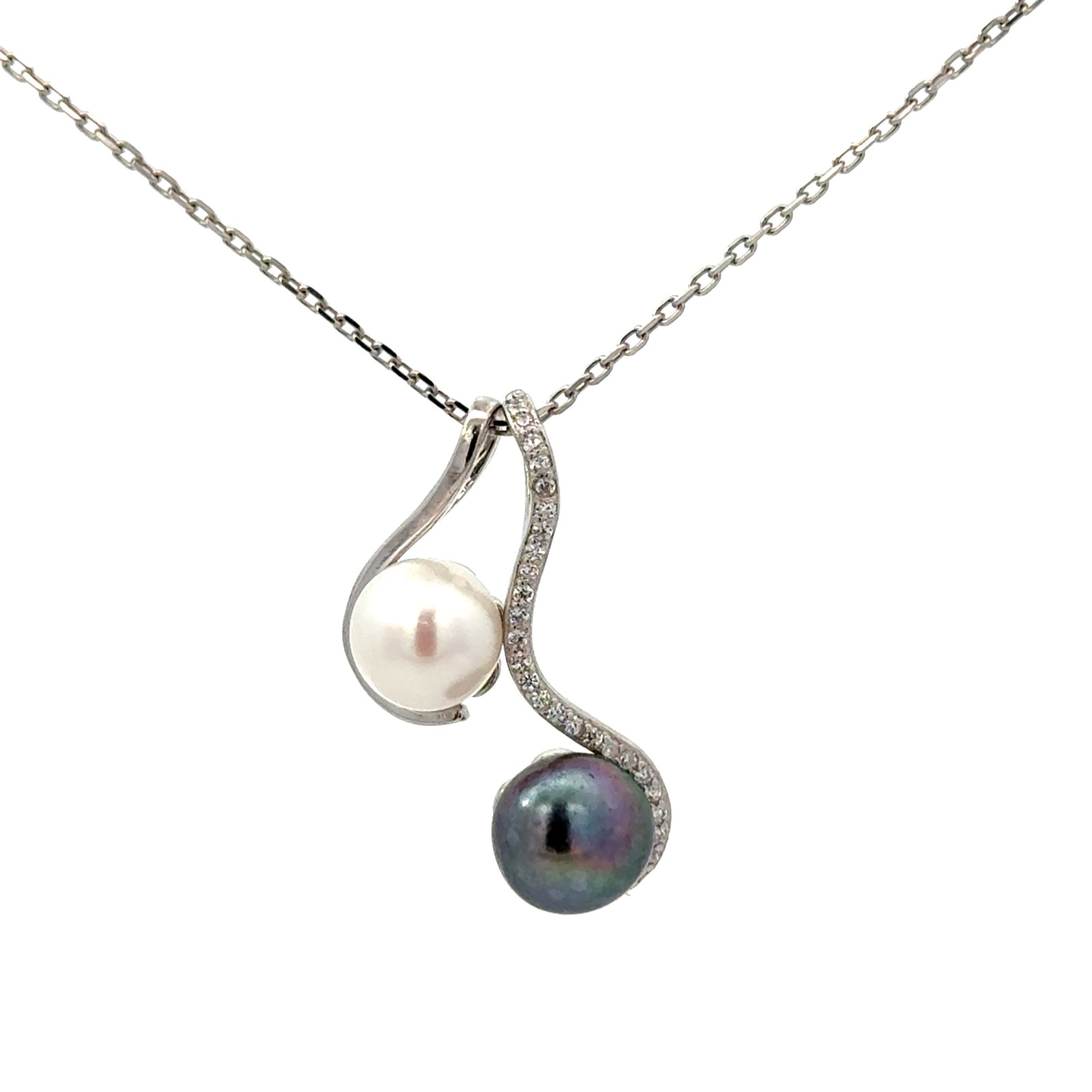 Sterling silver white, black and cz dangle moveable pearl pendant on 18" link chain