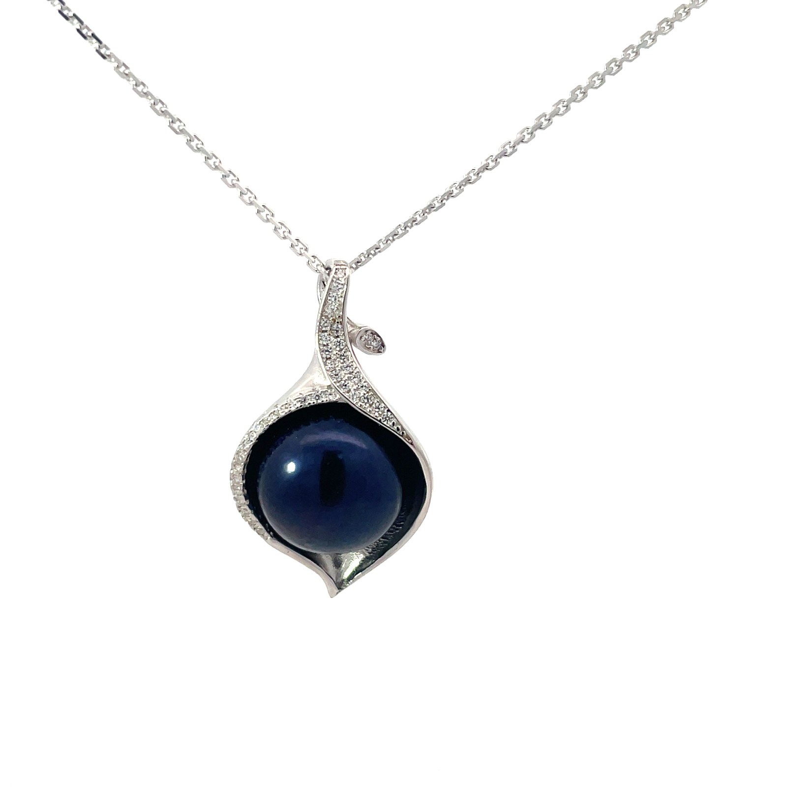 SSPP EF .jpg Sterling Silver black freshwater pearl and cubic zirconia necklace on diamond cut cable chain 18"