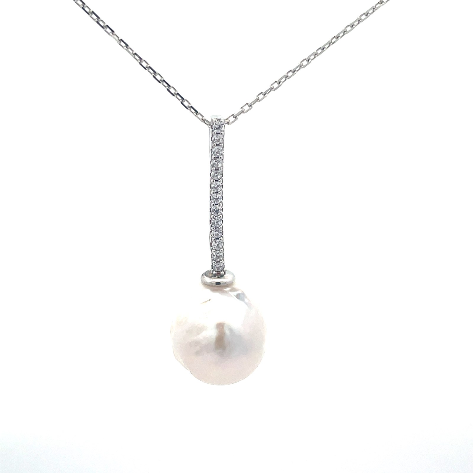 SSPP PD CZ Sterling silver cz and freshwater white pearl drop pendant on 11mm dc cable chain with claw 18" rhod
