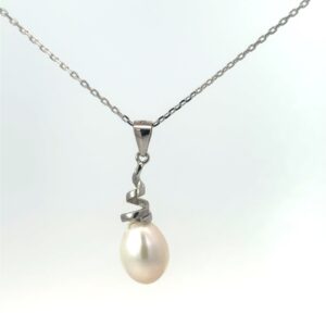 Sterling Silver rhodium plated freshwater spiral pearl necklace on 1.2mm diamond cut cable chain 18"