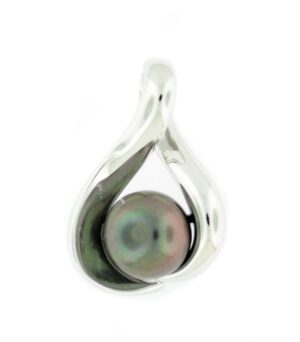Sterling silver rhodium plated large black freshwater pearl pendant on 1.5mm diamond cut cable 18"