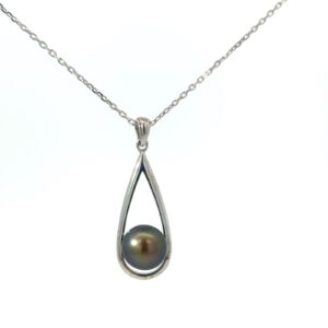 Sterling Silver rhodium plated long rain drop black freshwater pearl necklace on 1.2mm diamond cut cable chain 18"