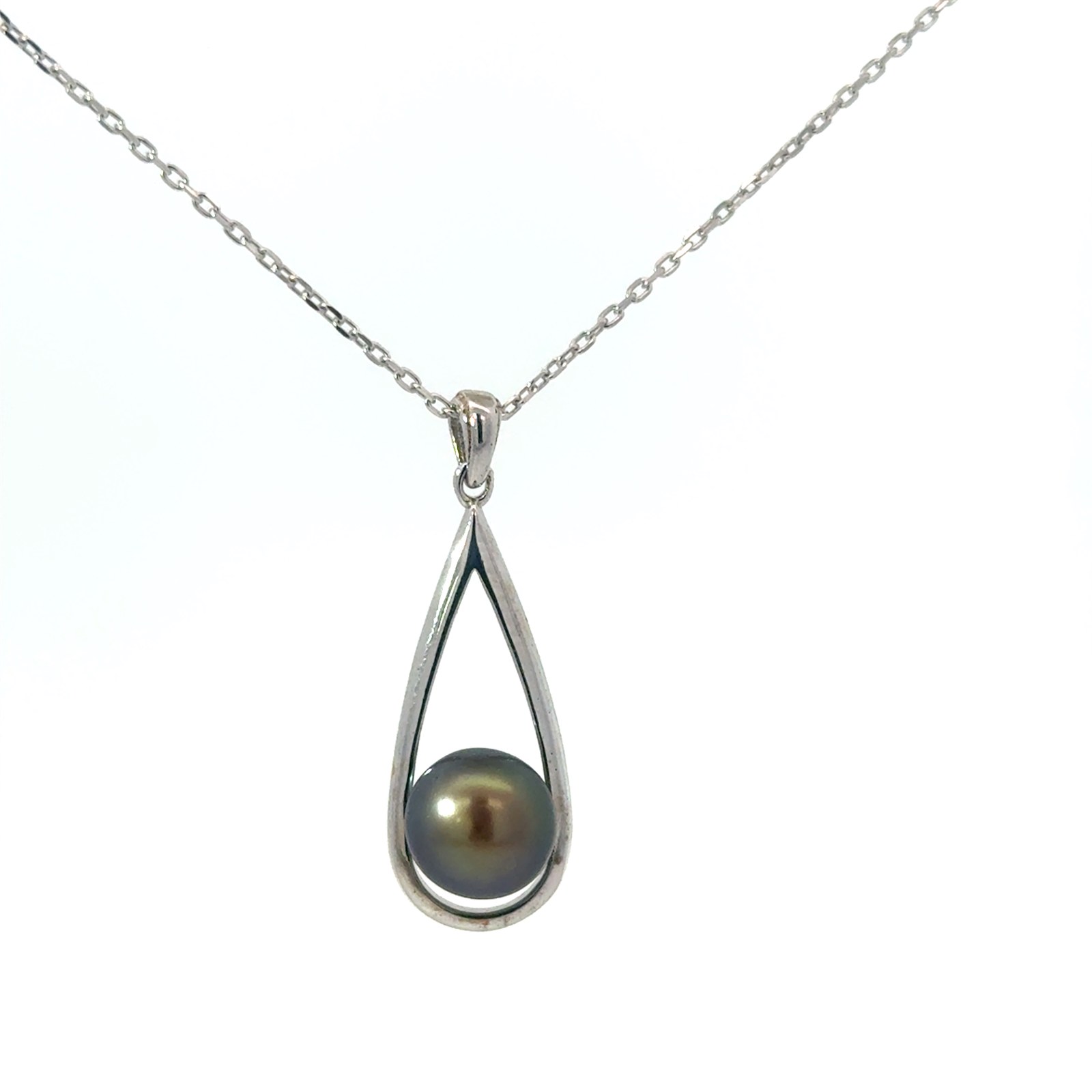 Sterling Silver rhodium plated long rain drop black freshwater pearl necklace on 1.2mm diamond cut cable chain 18"