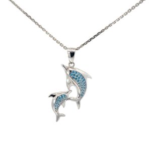 Sterling Silver blue topaz double dolphin pendant on link chain 18" rhod plated