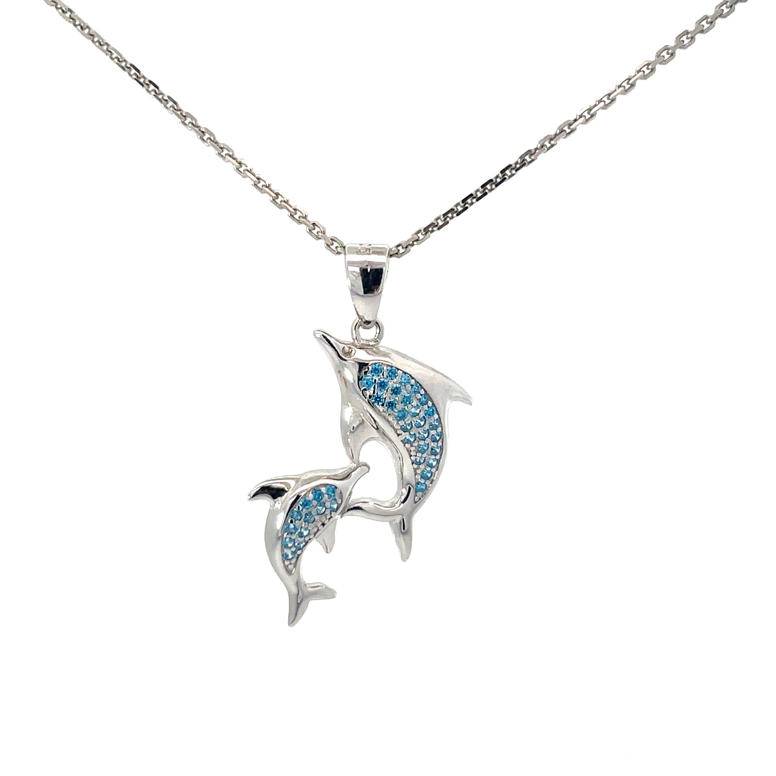 SSP BD .jpg Sterling Silver blue topaz double dolphin pendant on link chain 18" rhod plated