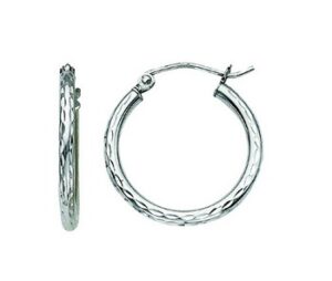 Sterling Silver 2mm by 20mm rhodium plated diamond cut hoop earring