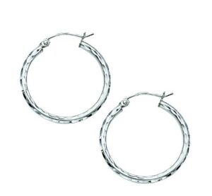 Sterling Silver 2mm by 25mm diamond cut hoop earring rhod plated