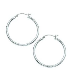 Sterling Silver diamond cut 2mm by 30mm hoop earring rhod plate