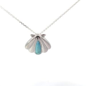 sterling silver rhodium plated genuine larimar shell pendant on diamond cut cable chain 18"