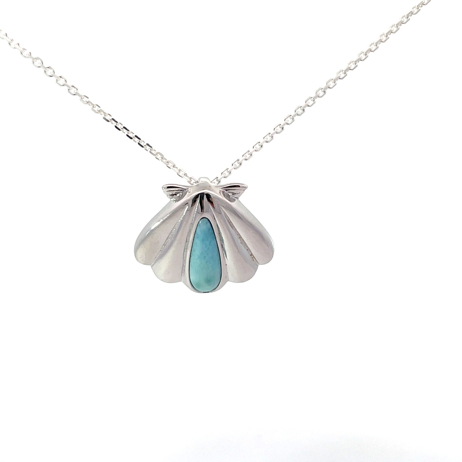 sterling silver rhodium plated genuine larimar shell pendant on diamond cut cable chain 18"